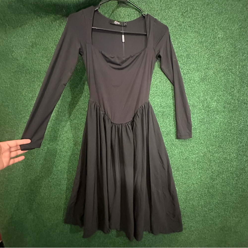 Black long-sleeve cowl neckline fit-and-flare dress (size S)